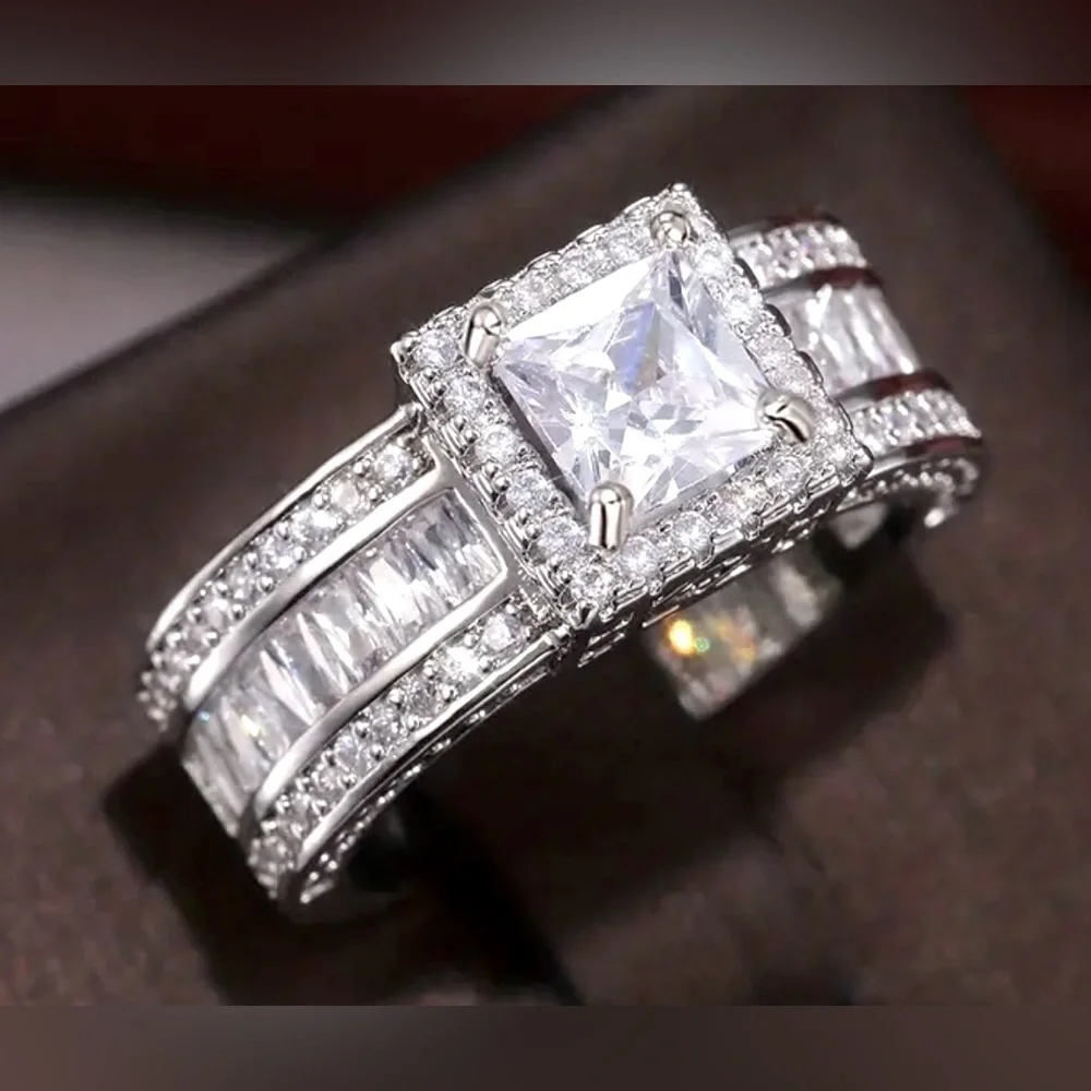 Diamond Zircon Ring with 4 Prong Halo setting, New, Size 6